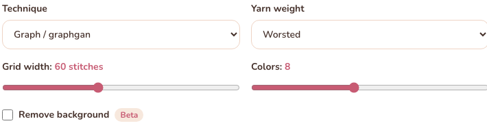 Technique, yarn weight, grid width, and color count settings of the chart maker