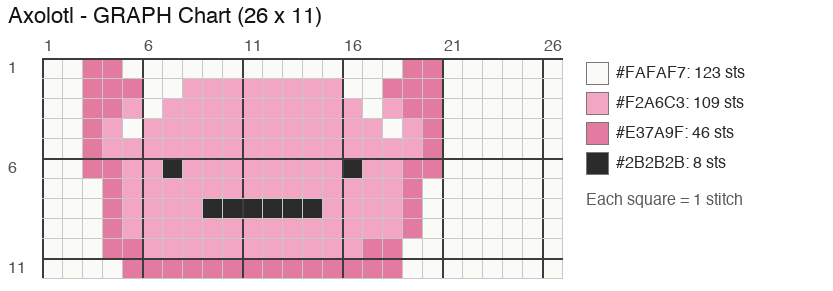 Axolotl (Classic Pink) crochet chart, 26 × 11 stitches, 4 colors