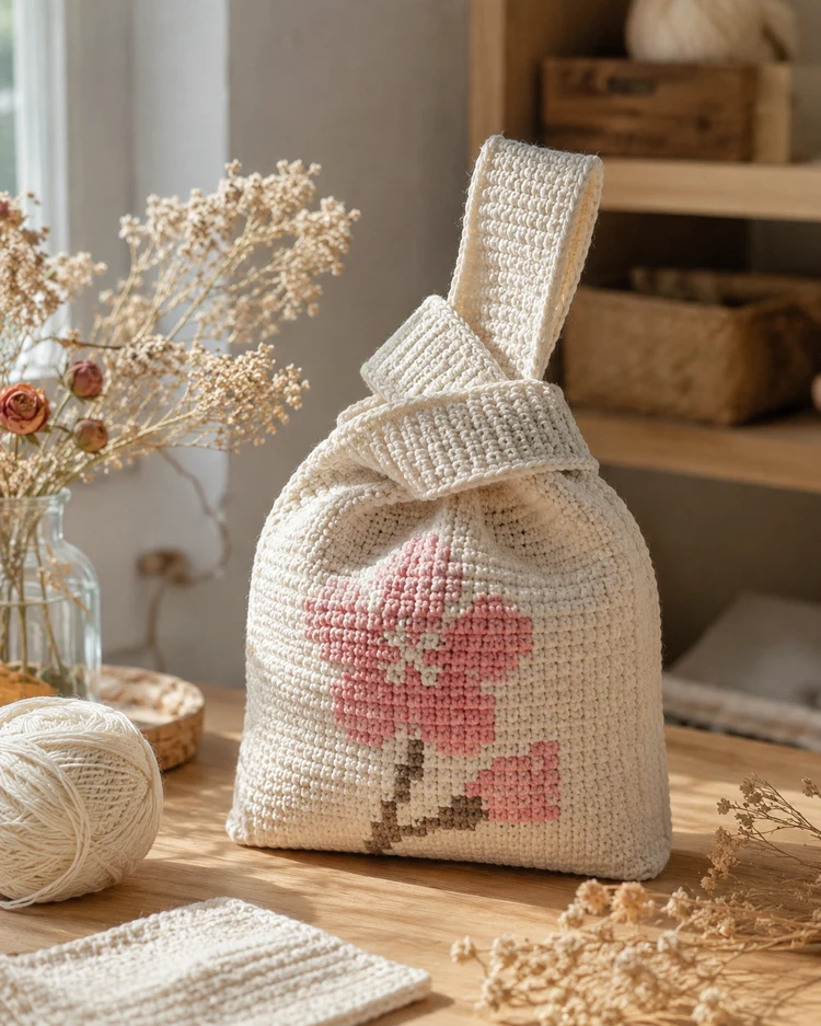Bolso japonés de nudo terminado en algodón crudo con motivo sakura rosa en el frente