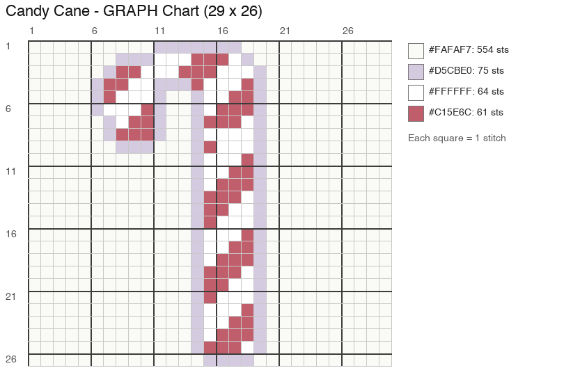 Candy Cane crochet chart, 29 × 26 stitches, 4 colors