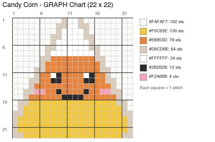 Candy Corn (Classic) crochet chart, 22 × 22 stitches, 7 colors
