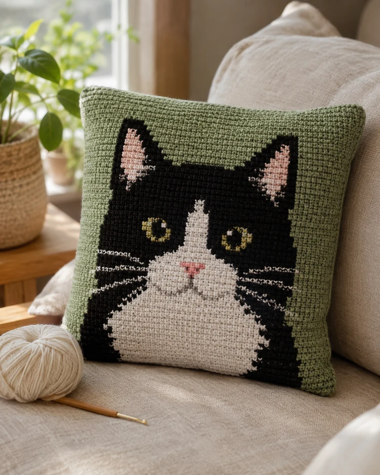 Gato Tuxedo sobre Verde — inspiración de pieza de crochet terminada