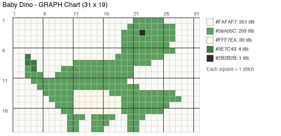 Baby Dino (Green) crochet chart, 31 × 19 stitches, 5 colors