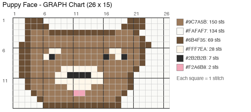 Puppy Face (Tan) crochet chart, 26 × 15 stitches, 6 colors
