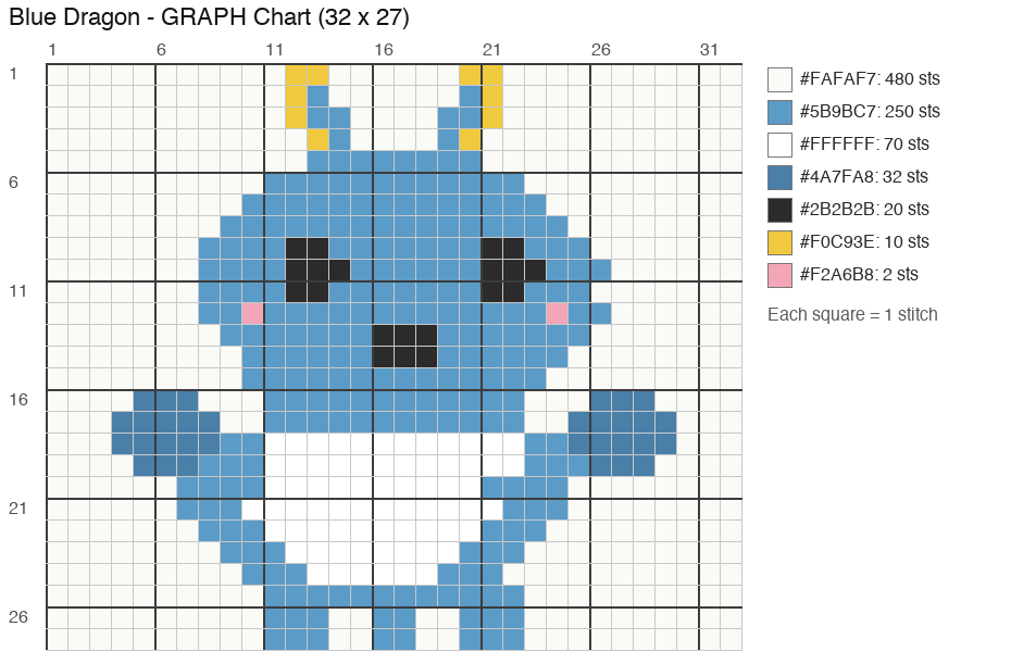 Blue Dragon crochet chart, 32 × 27 stitches, 7 colors