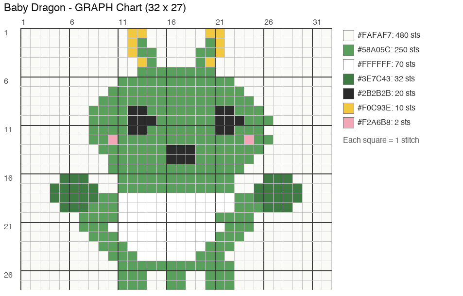 Baby Dragon (Classic Green) crochet chart, 32 × 27 stitches, 7 colors