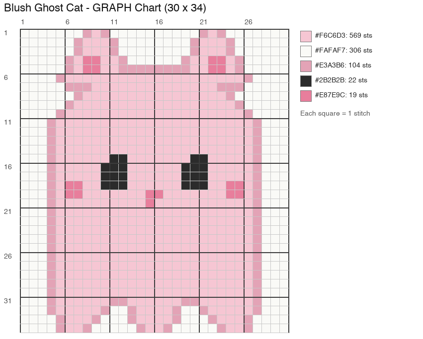 Blush Ghost Cat crochet chart, 30 × 34 stitches, 5 colors