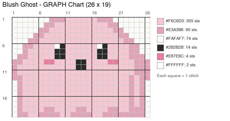 Blush Ghost crochet chart, 26 × 19 stitches, 6 colors