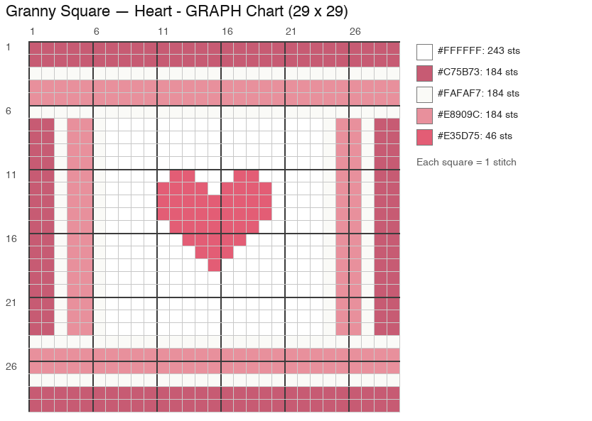 Heart Granny crochet chart, 29 × 29 (one square), 5 colors