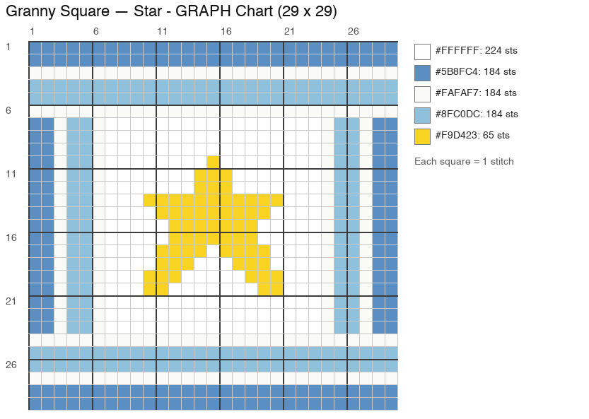 Star Granny crochet chart, 29 × 29 (one square), 5 colors