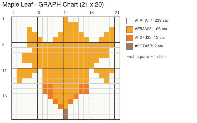 Maple Leaf crochet chart, 21 × 20 stitches, 4 colors