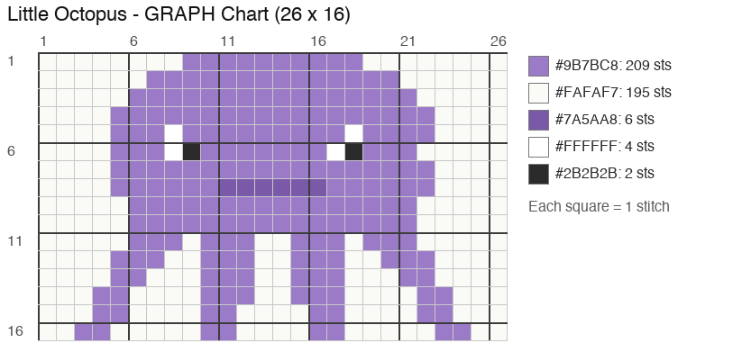 Little Octopus (Purple) crochet chart, 26 × 16 stitches, 5 colors