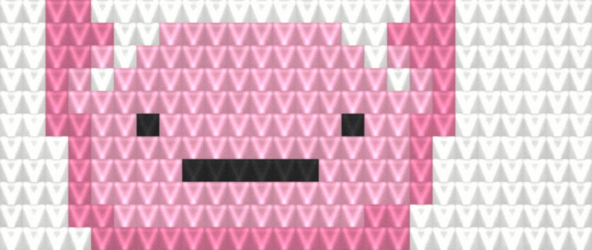 Pink axolotl face as worked crochet fabric — simulated stitch texture