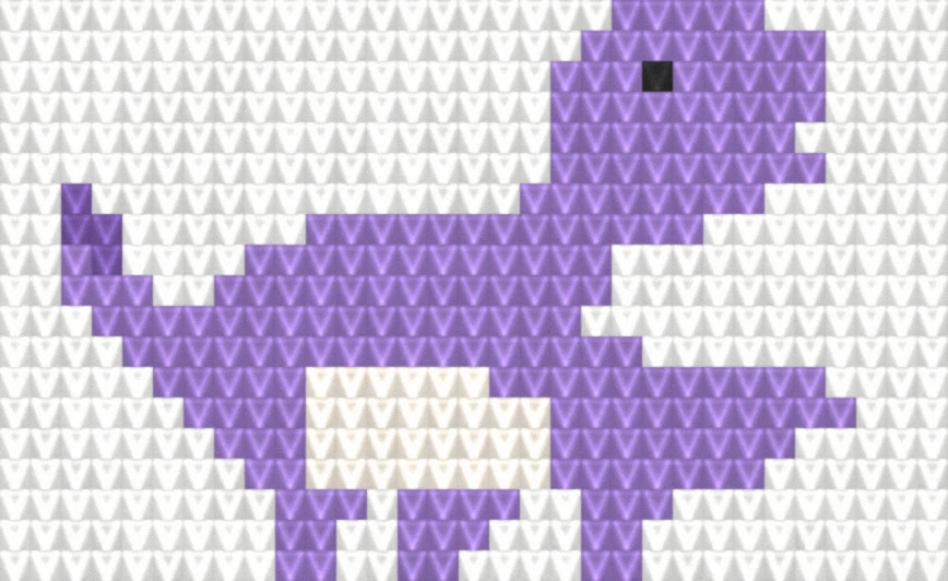 Baby Dino (Roxo) em crochê tecido — textura de ponto simulada a partir do gráfico