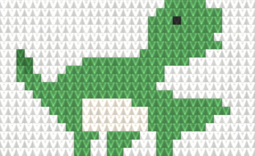 Baby Dino (Verde) em crochê tecido — textura de ponto simulada a partir do gráfico