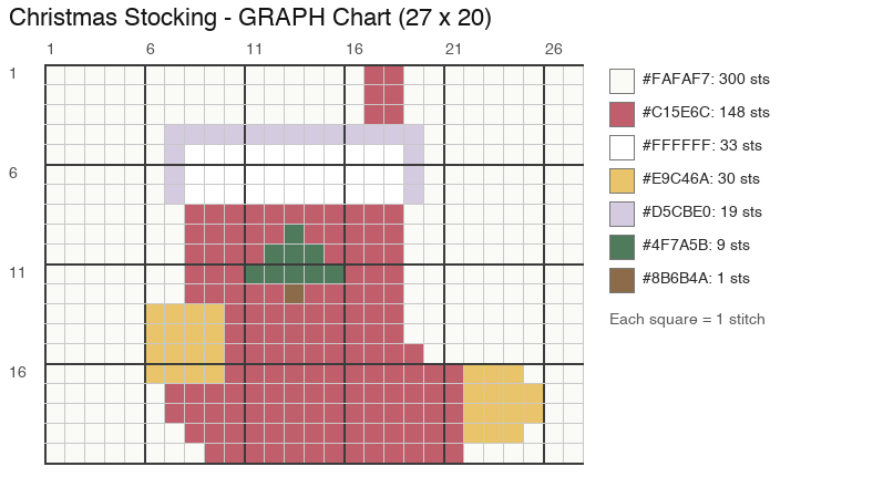 Stocking crochet chart, 27 × 20 stitches, 7 colors